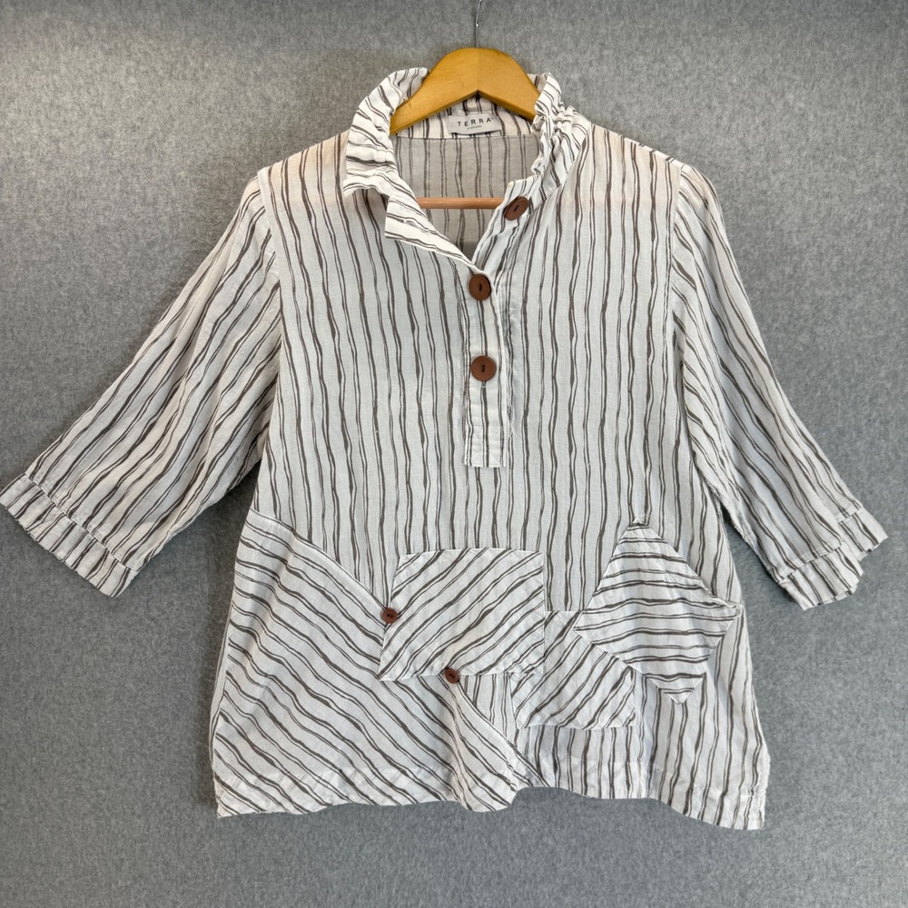 Terra SJ Apparel Striped Shirt‎ Patch Pocket 3/4 Sleeve Cotton Top Size Medium